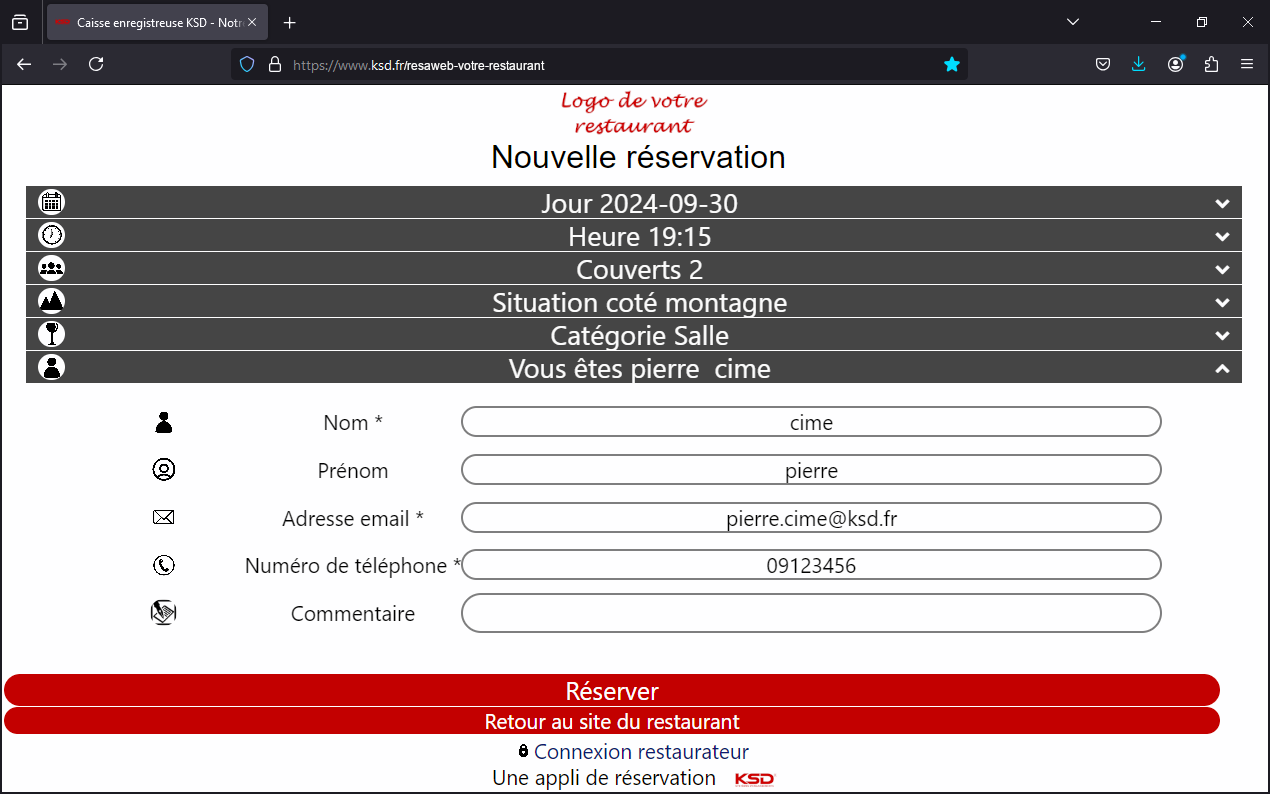 KSD ResaWeb : la réservation de table en ligne. Vue d'une demande de réservation de table pour 2 personnes.